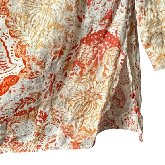 Chico’s 100% Linen Button Down Front Split 3/4 Sleeve Collared Orange Print Top - Picture 7 of 15